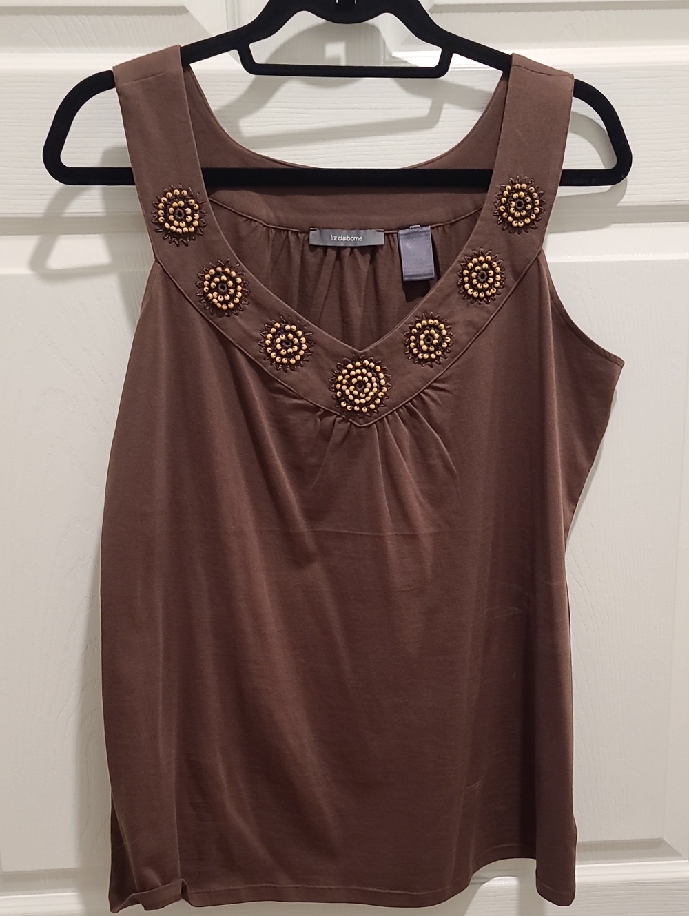 Liz Claiborne Brown Tank Top with Gold Beaded Medallions